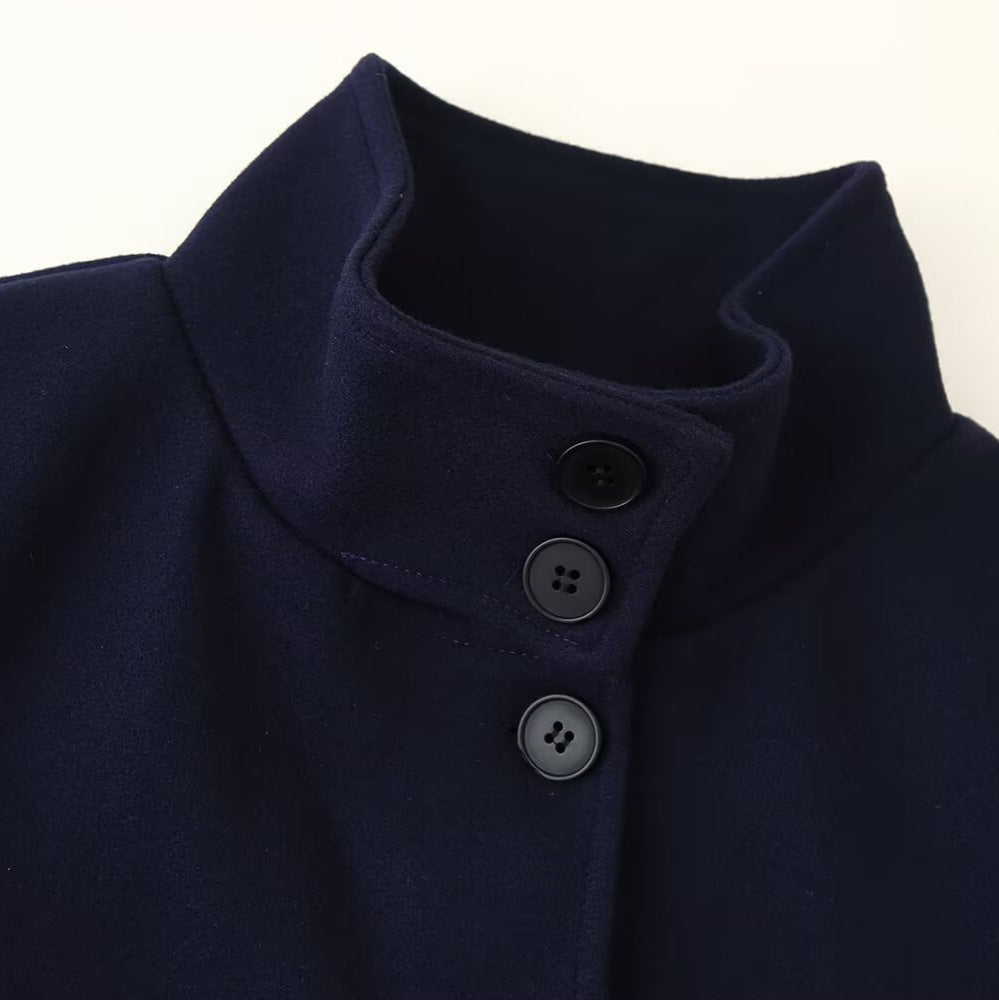 Women Short Boxy Jacket with Stand-Up Collar and Full Button Placket Chichicherry