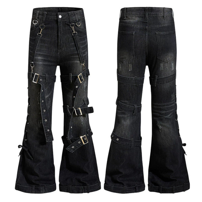 Women's Bondage-Flared-Jeans with decorative buckles, straps and used look Chichicherry