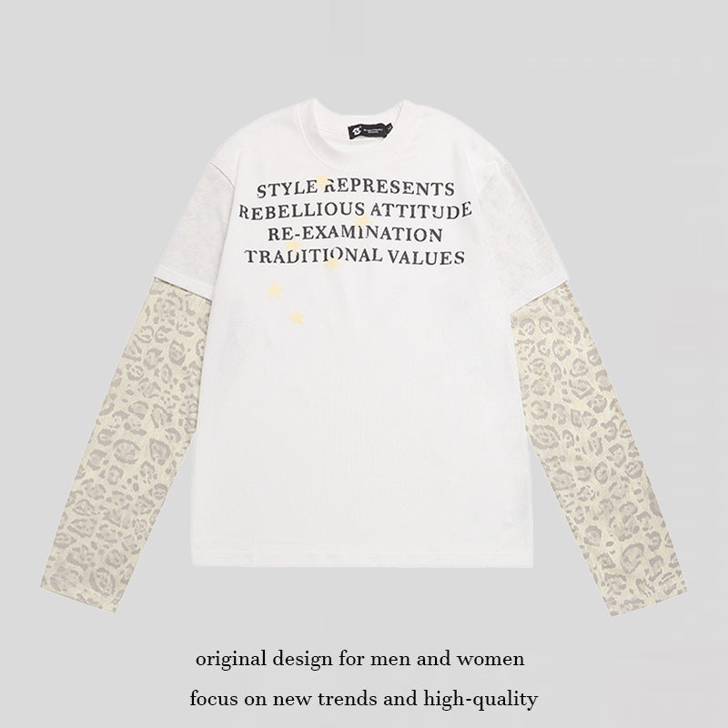 Women Layered Long Sleeve Shirt with Contrast Sleeves in Leopard Pattern and Statement Print Chichicherry