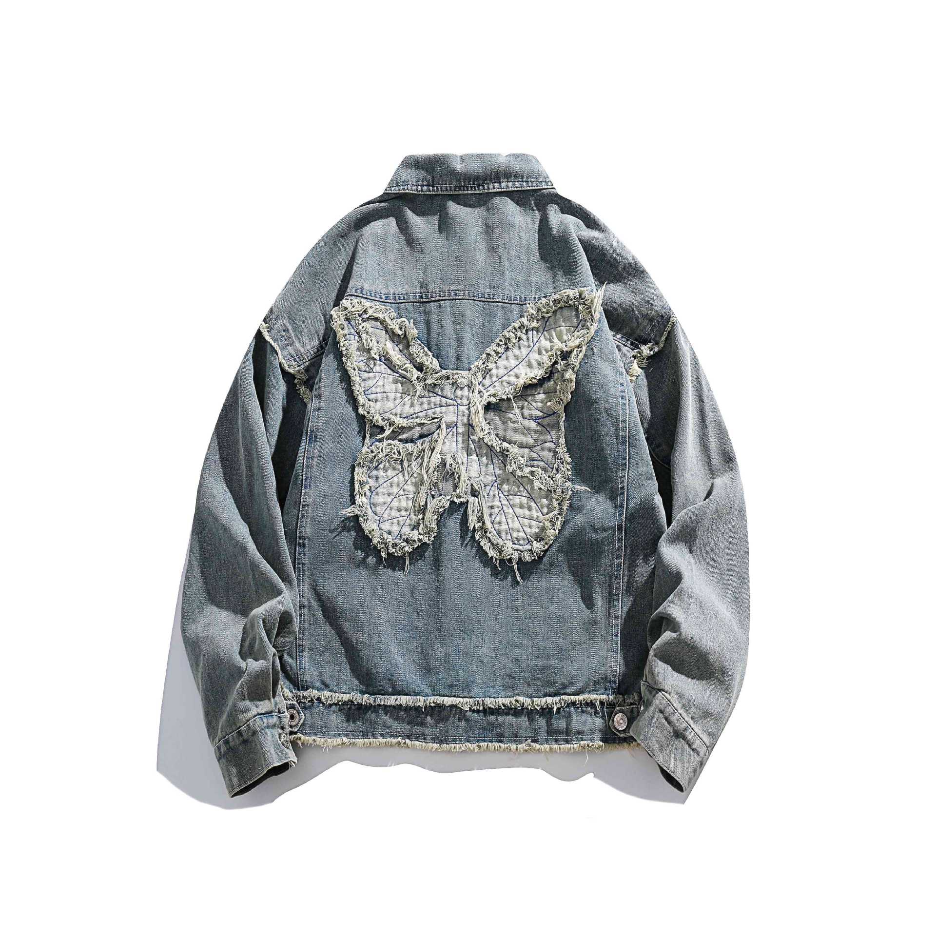 Unisex Oversize Denim Jacket with Fringe Finishes and Utility Pockets Chichicherry