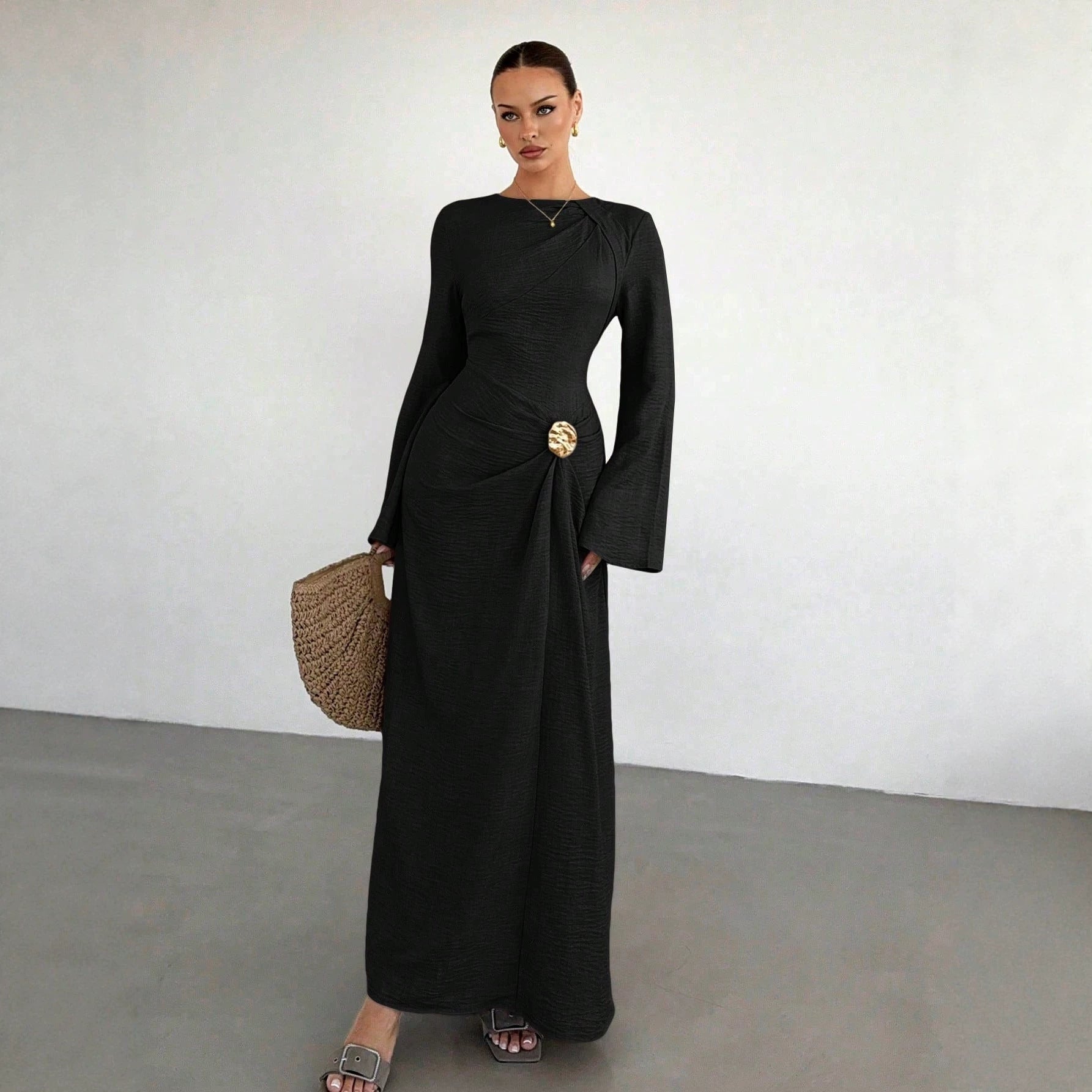 Ladies max dress with draping, decorative brooch and wide trumpet sleeves Chichicherry