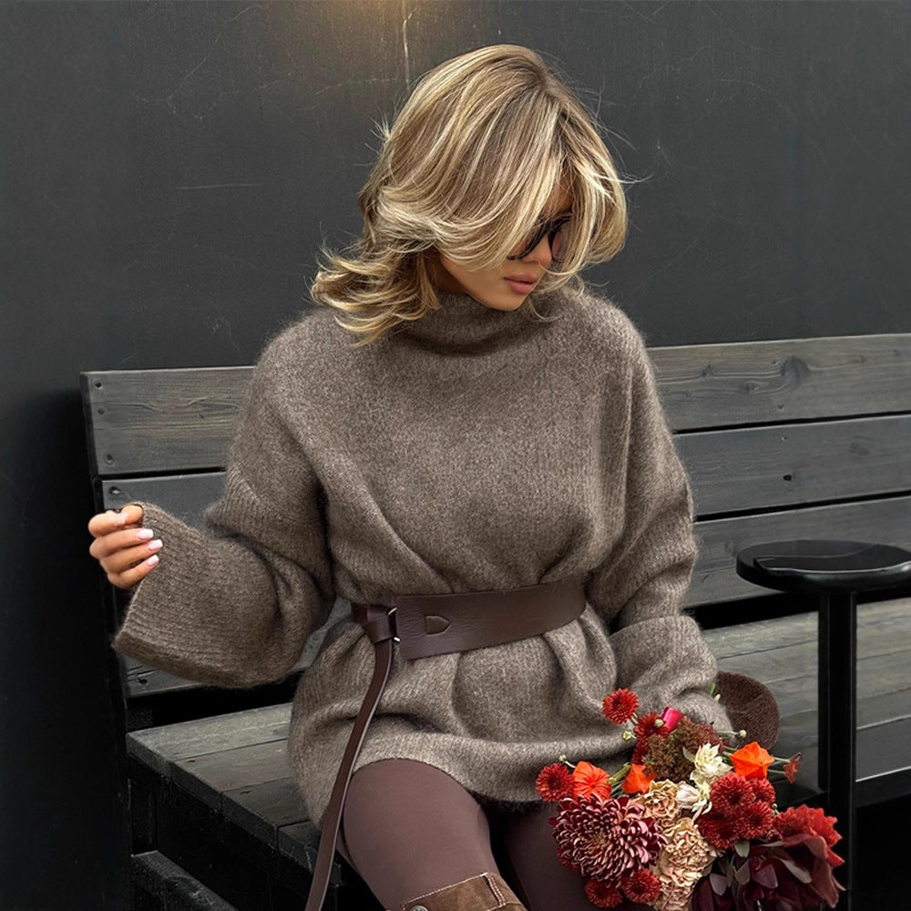 Women Oversize Mohair-Mix Roll-neck Sweater Dress with Balloon Sleeves and Waist Belt Chichicherry