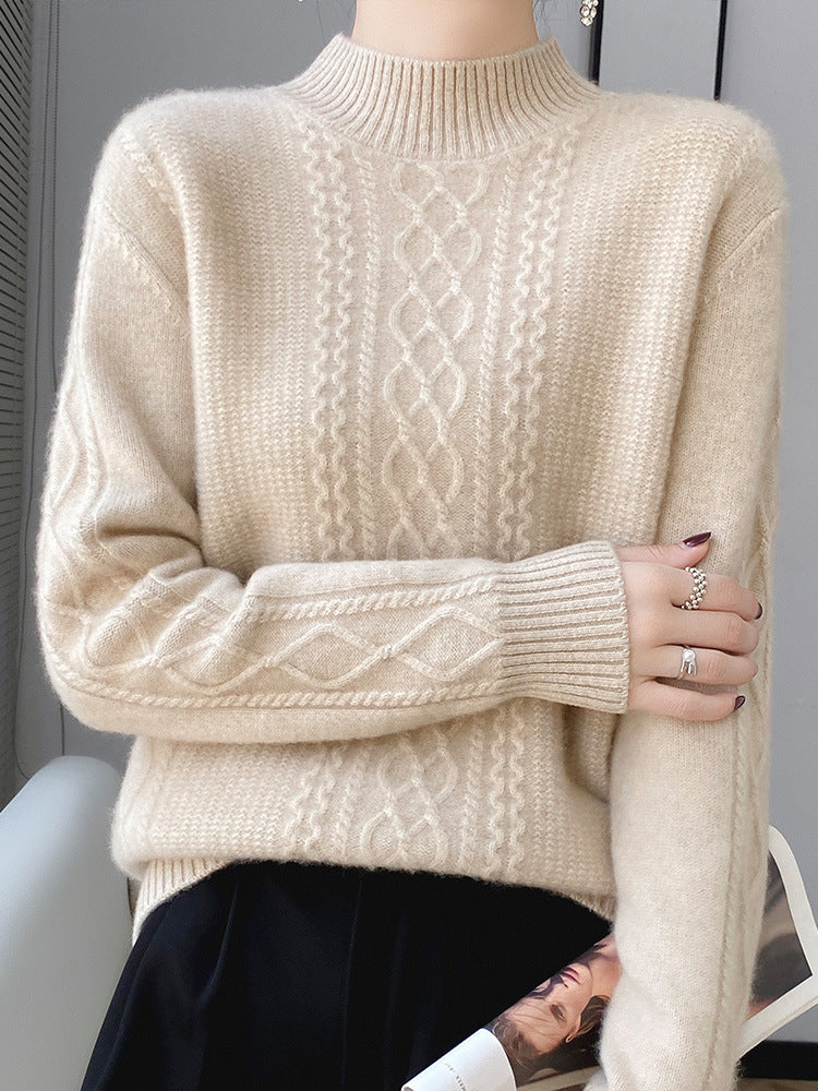 Women's Soft Cable Knit Mock Neck Sweater with Light Mohair Effect Chichicherry