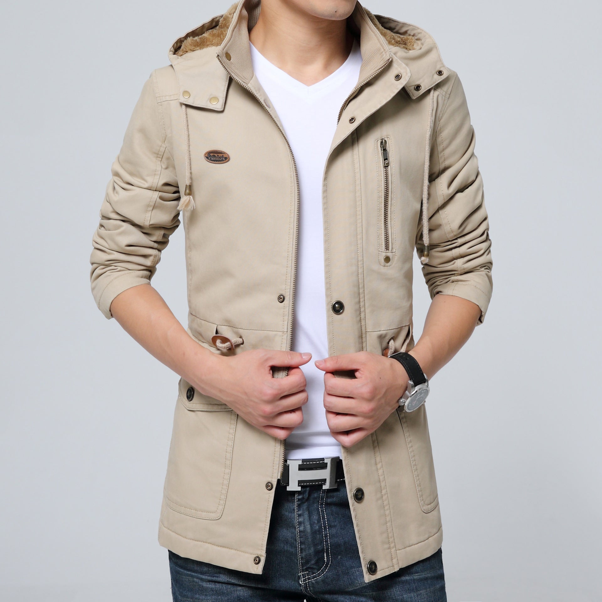 Men's Hooded Parka with Teddy Lining, Utility Pockets and Drawstring Chichicherry