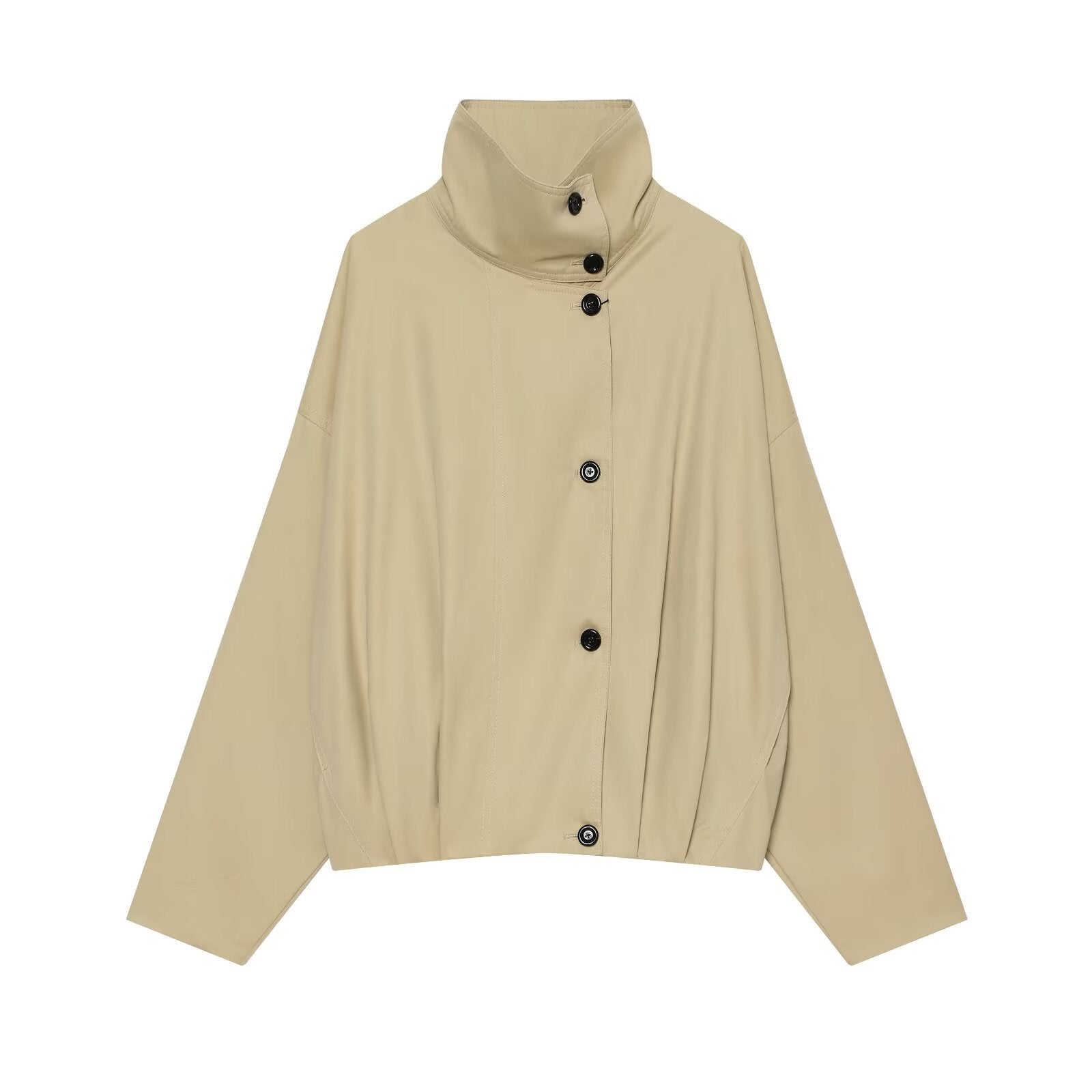 Women's Short Water-Repellent Cape Jacket with High Stand-Up Collar and Concealed Button Placket Chichicherry