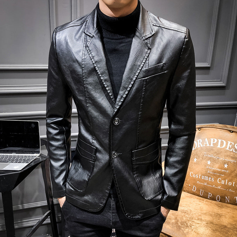 Men's Faux Leather Blazer in Slim Fit with Chest Pocket and Patch Pockets Chichicherry