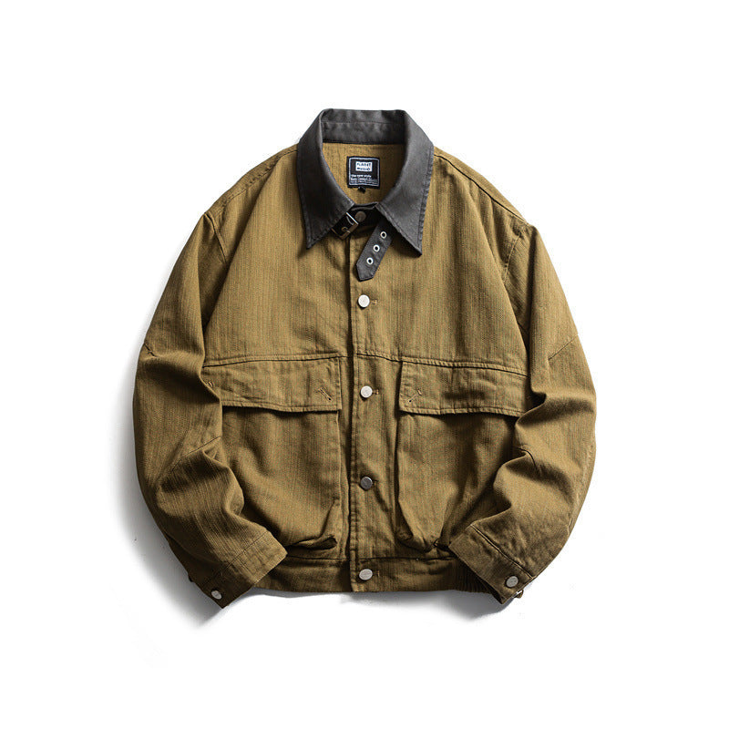 Men's Boxy Worker Canvas Jacket with Cord Collar, Snap Placket and Placed Flap Pockets Chichicherry