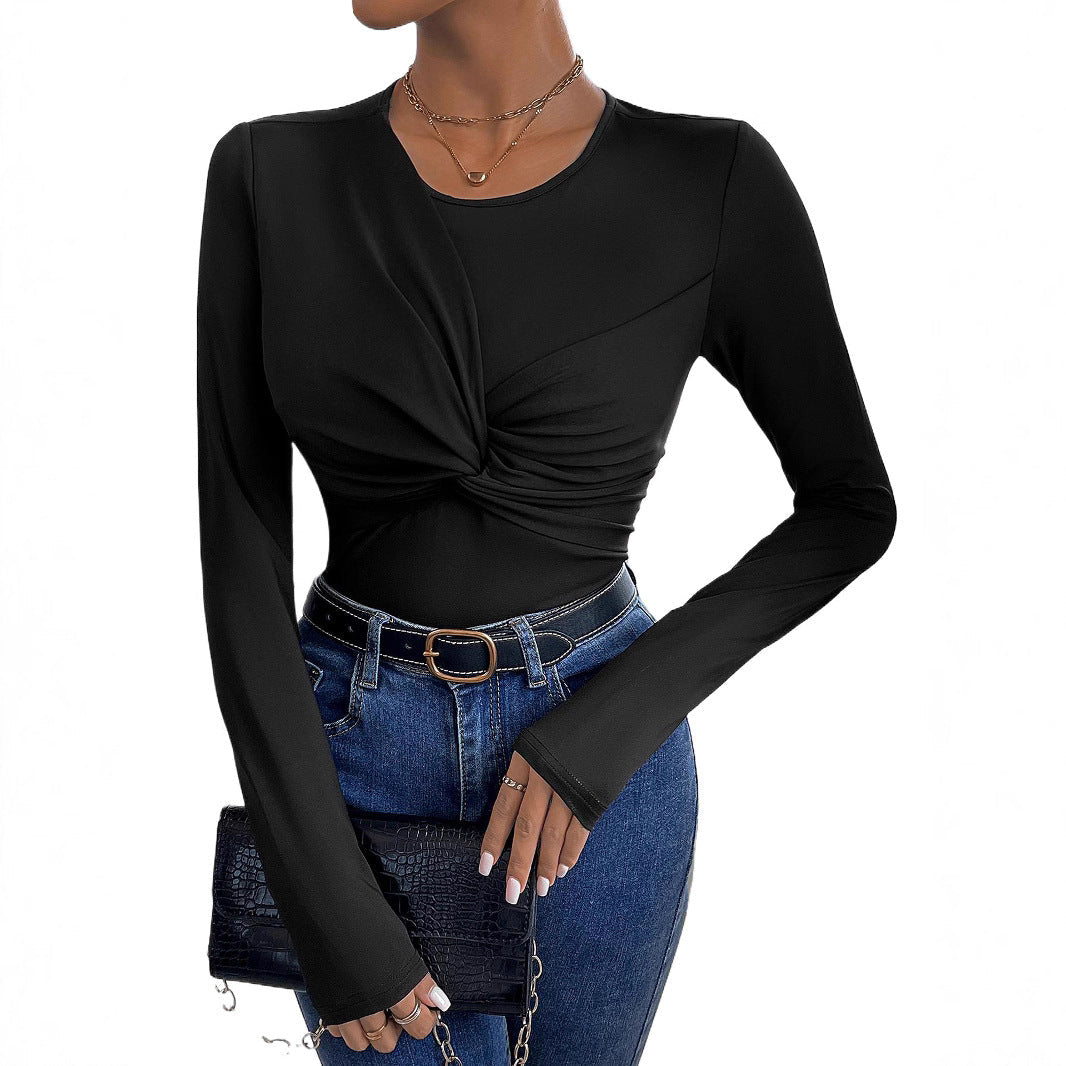 Women Figure-Hugging Long Sleeve Shirt with Twist Detail and Round Neckline Chichicherry