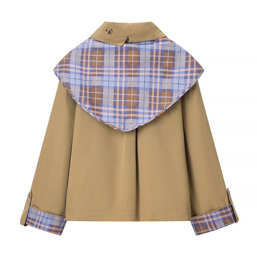 Women's short jacket in trench-cape mix with checked shawl collar bow Chichicherry