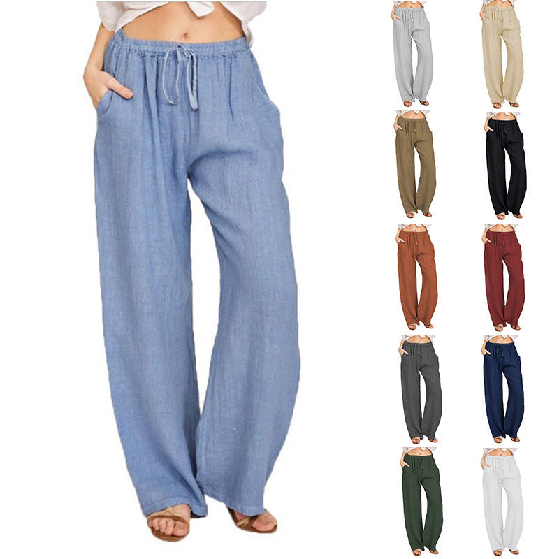 Women's Summer Linen Palazzo Pants with Elastic Waistband, Side Pockets and Wide Leg Chichicherry
