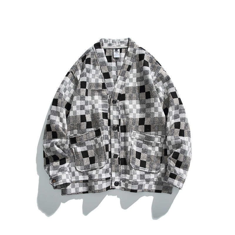Unisex Boxy Cardigan in Patchwork Check with V-neck, snap front, and patch pockets Chichicherry