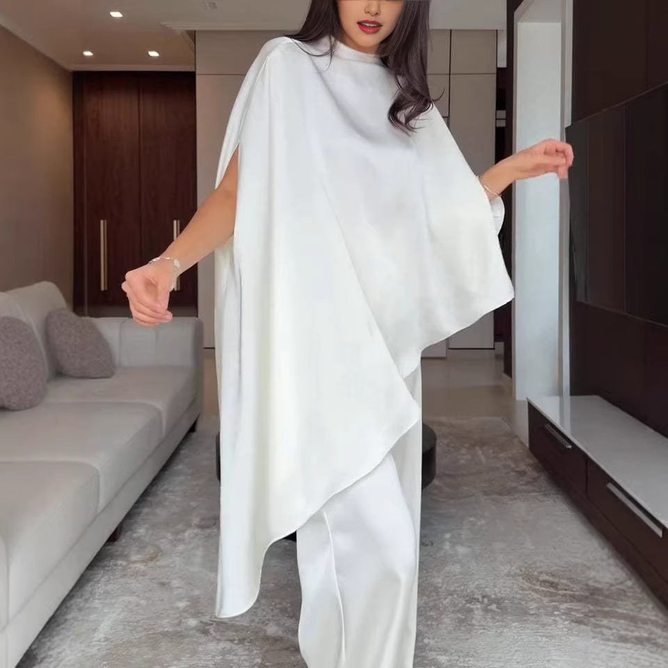 Women Two-Piece Chiffon Cape with Asymmetrical Hem and Trousers with Elastic Waist Chichicherry