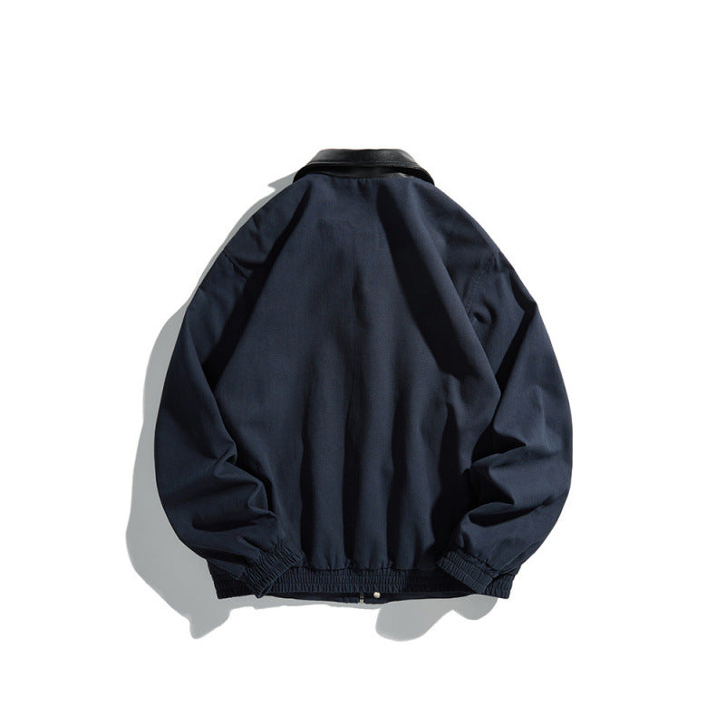 Men's short-cut blouson jacket with faux leather collar, snap button placket, and elastic cuffs Chichicherry