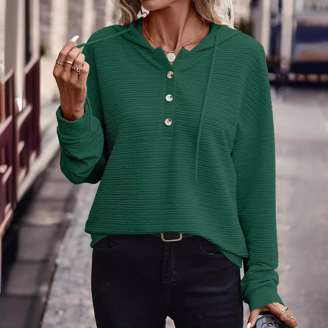 Ladies Textured Hooded Henley Sweater with Button Placket Chichicherry