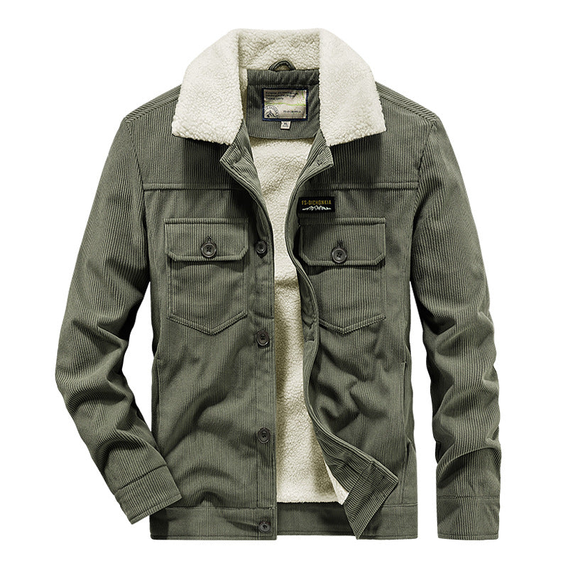 Men's Cord Worker Jacket in Trucker Style with Snap Button Closure and Flap Pockets Chichicherry