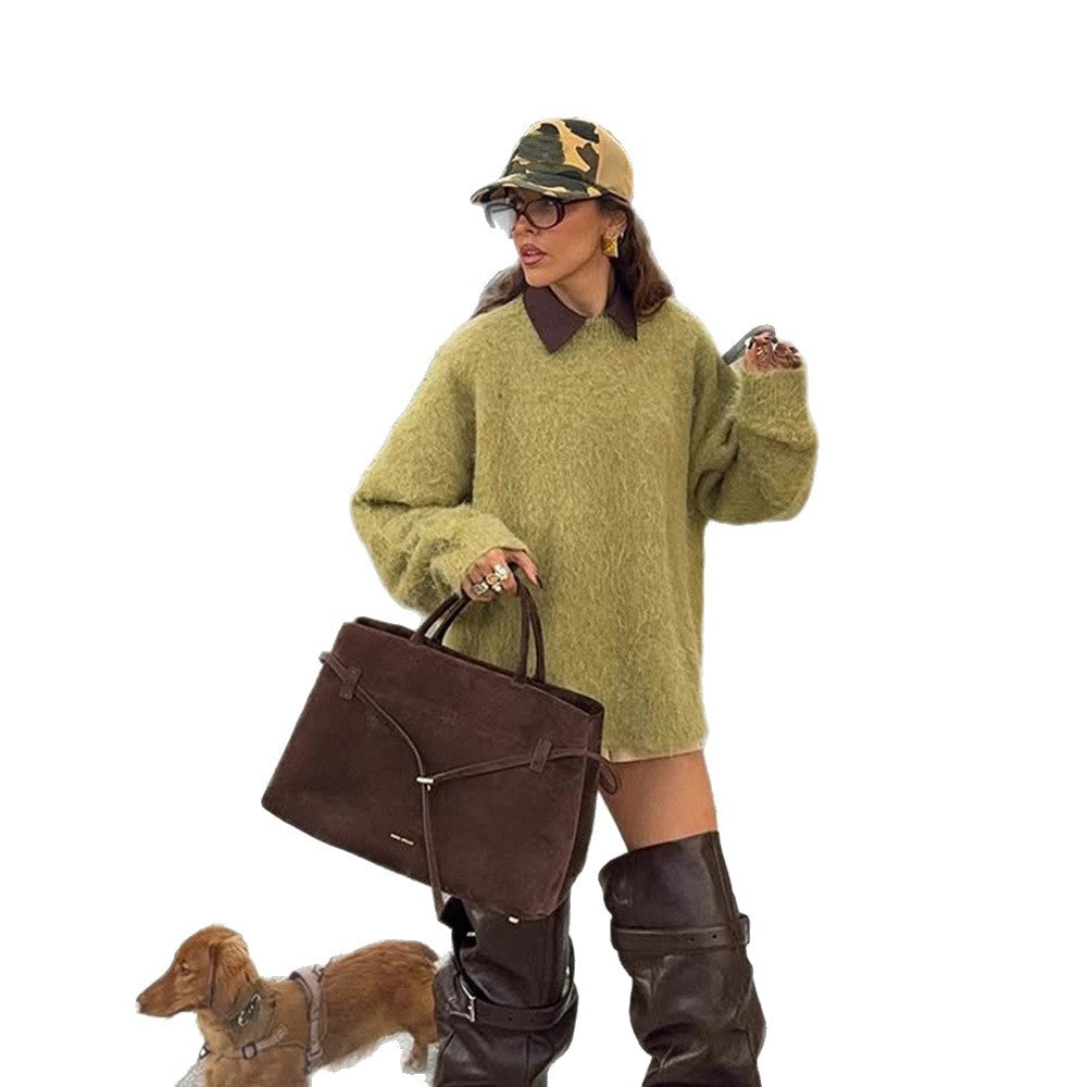 Women's Oversize Mohair Sweater Dress with High-Pile Knit and Casual Tunic Silhouette Chichicherry
