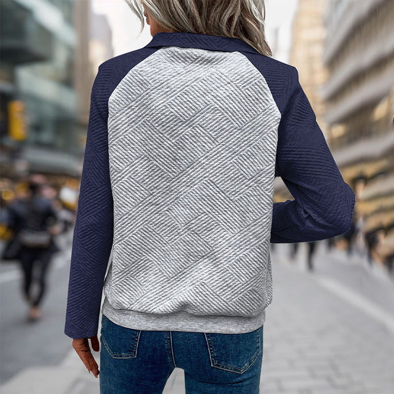 Women's quilted sweatshirt with Henley button placket, kangaroo pocket, and contrasting raglan sleeves Chichicherry