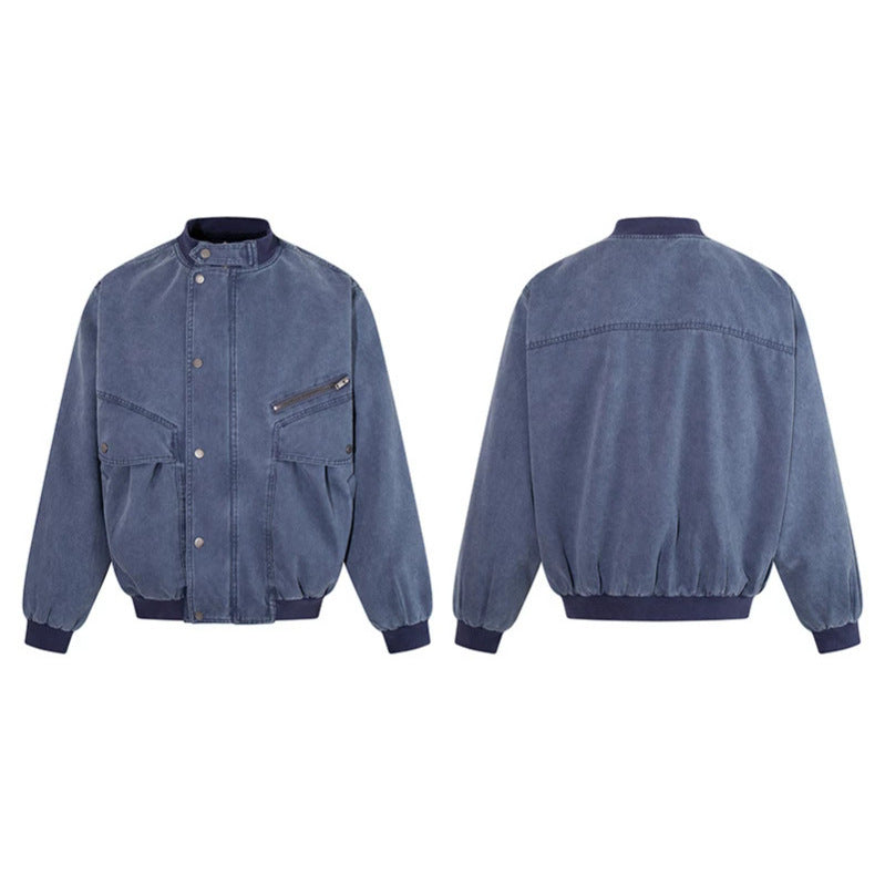 Men's Oversize Bomber Jacket in Vintage Wash with Stand Collar and Utility Pockets Chichicherry