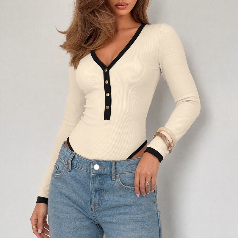 Women Long Sleeve Ribbed Bodysuit with V-Neck, Contrast Trims and Button Placket Chichicherry