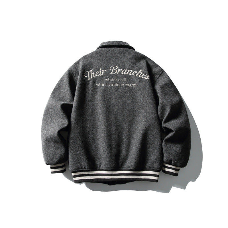 Men's Boxy College Blouson Jacket made of wool blend with snap button closure and striped ribbed cuffs Chichicherry