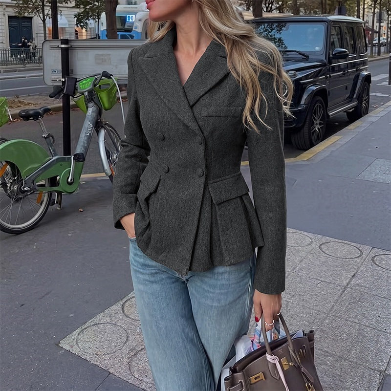 Women's Tailored Double-Breasted Blazer with Peplum, Pleats & Patch Pockets Chichicherry
