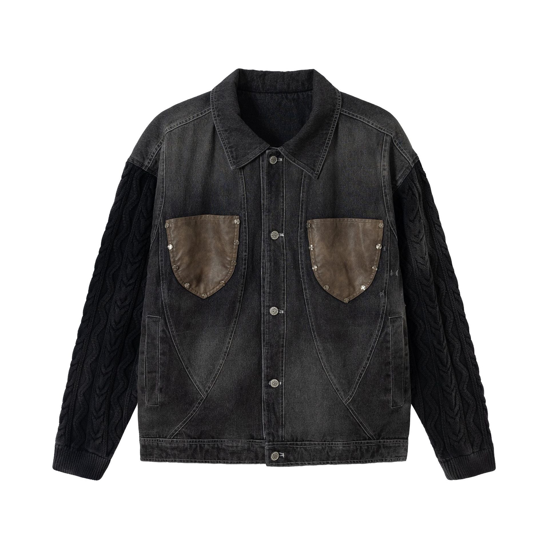 Men's denim jacket with applied leather chest pockets and cable knit sleeves Chichicherry