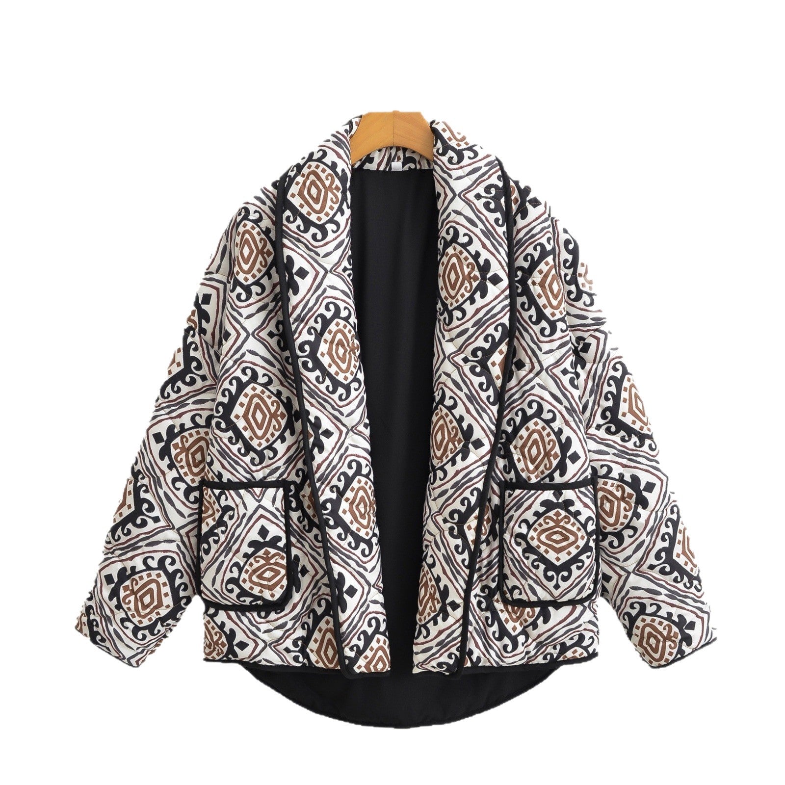 Women's Quilted Kimono Jacket with Ethno Print, Contrast Piping and Patch Pockets Chichicherry