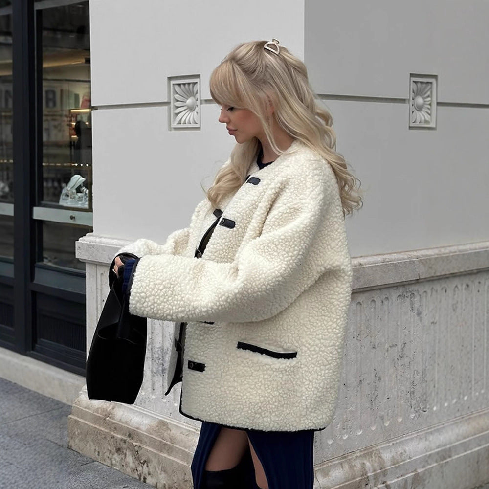 Women Boxy Teddy-Fleece Jacket with Toggle Fastenings and Contrast Edges Chichicherry