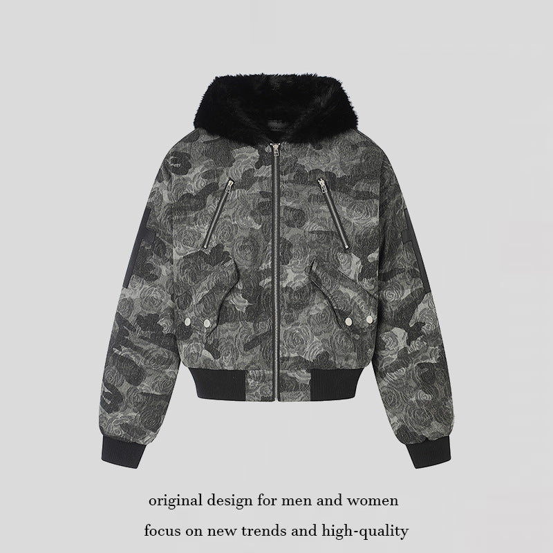 Ladies padded bomber jacket with faux fur hood, rose jacquard and zipper details Chichicherry