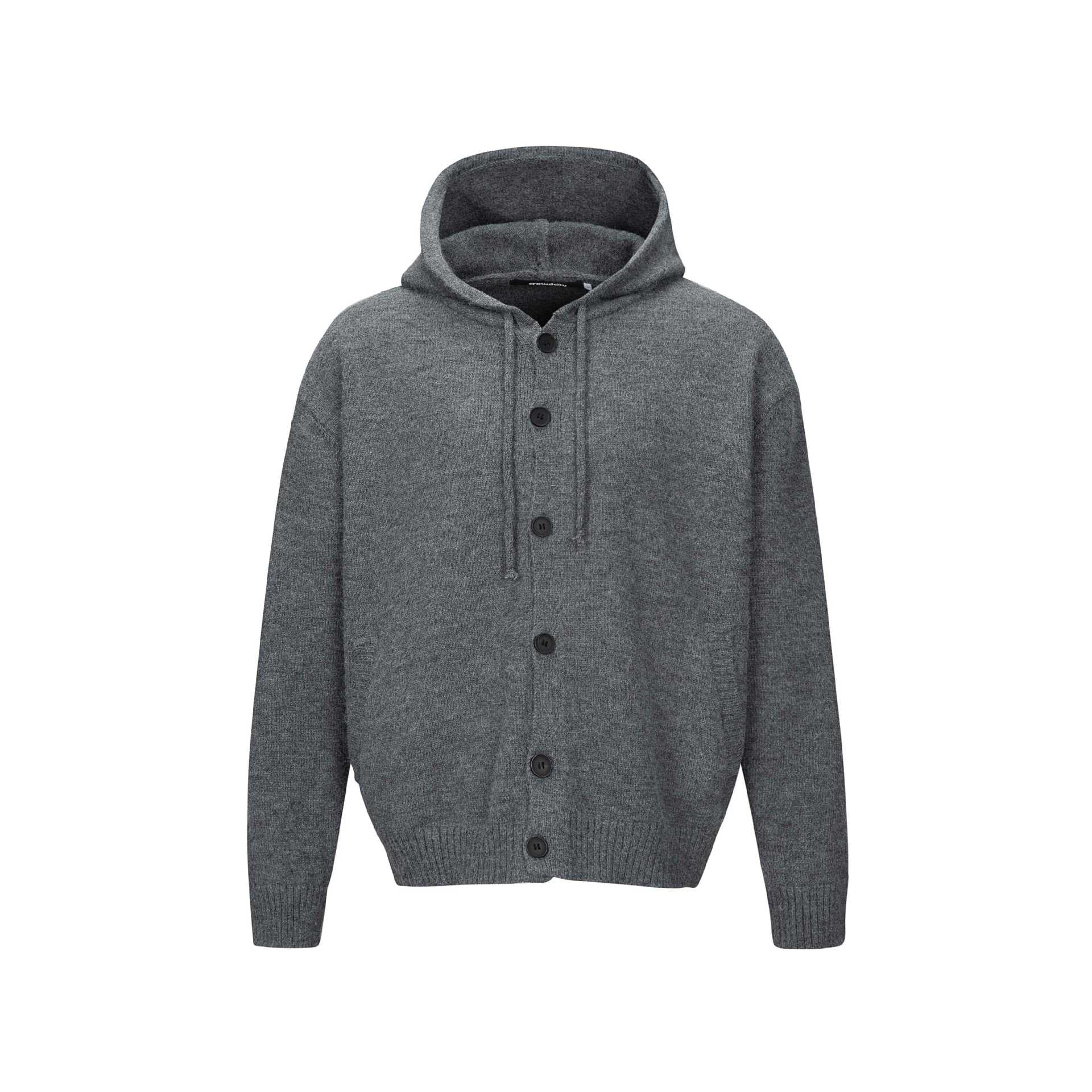 Unisex hooded cardigan with button placket, brushed knit texture and ribbed cuffs Chichicherry