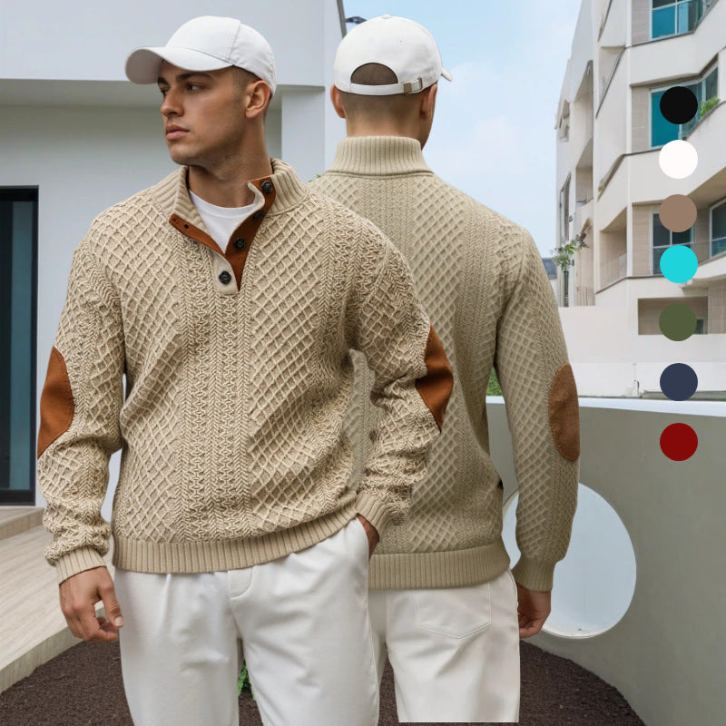 Men's troyer sweater with stand-up collar, structured knit look and contrast elbow patches Chichicherry