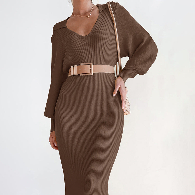 Women's midi dress made of ribbed knit with V-neck, shirt collar, balloon sleeves & tie belt Chichicherry