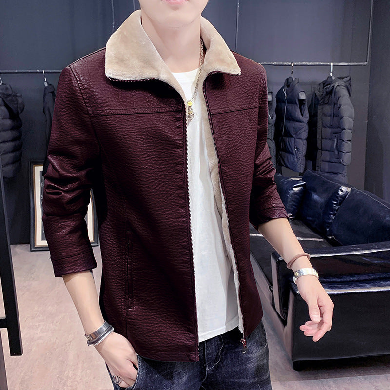 Men's slim-fitting faux leather bomber jacket with textured finish and teddy collar Chichicherry