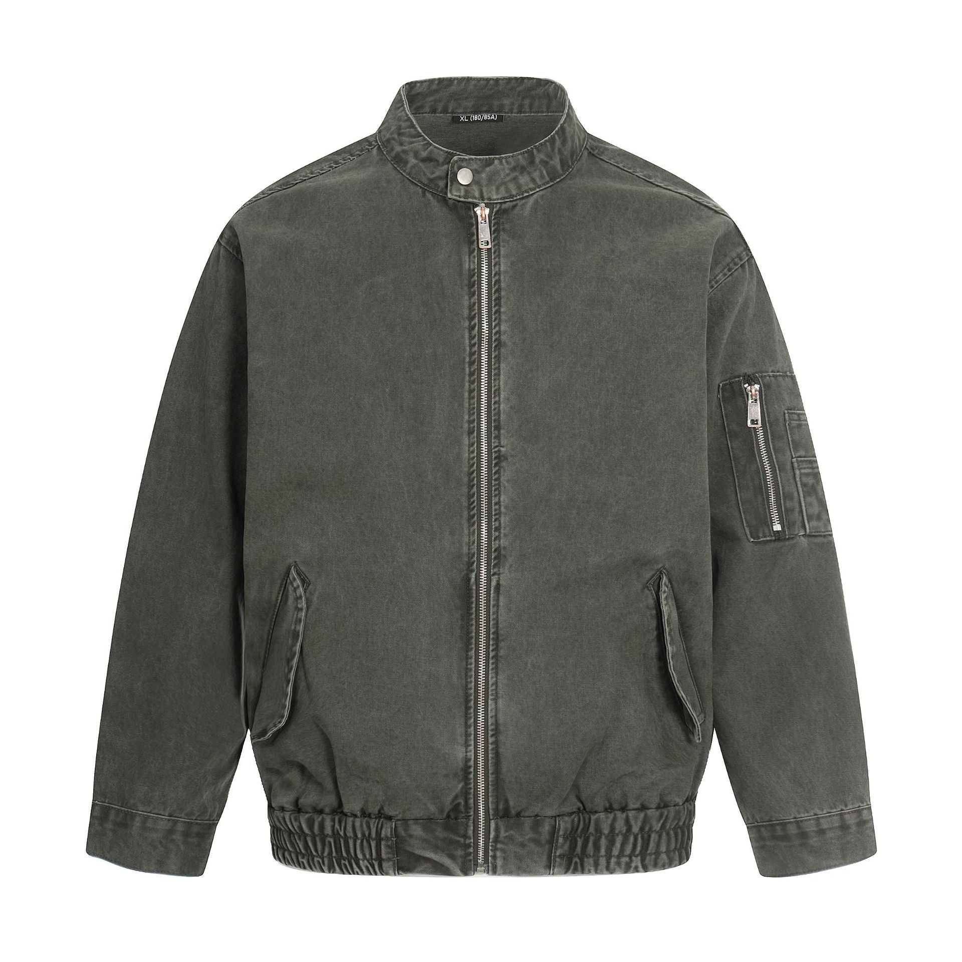 Men's short cut vintage-wash bomber jacket in boxy cut with stand-up collar and sleeve zip.