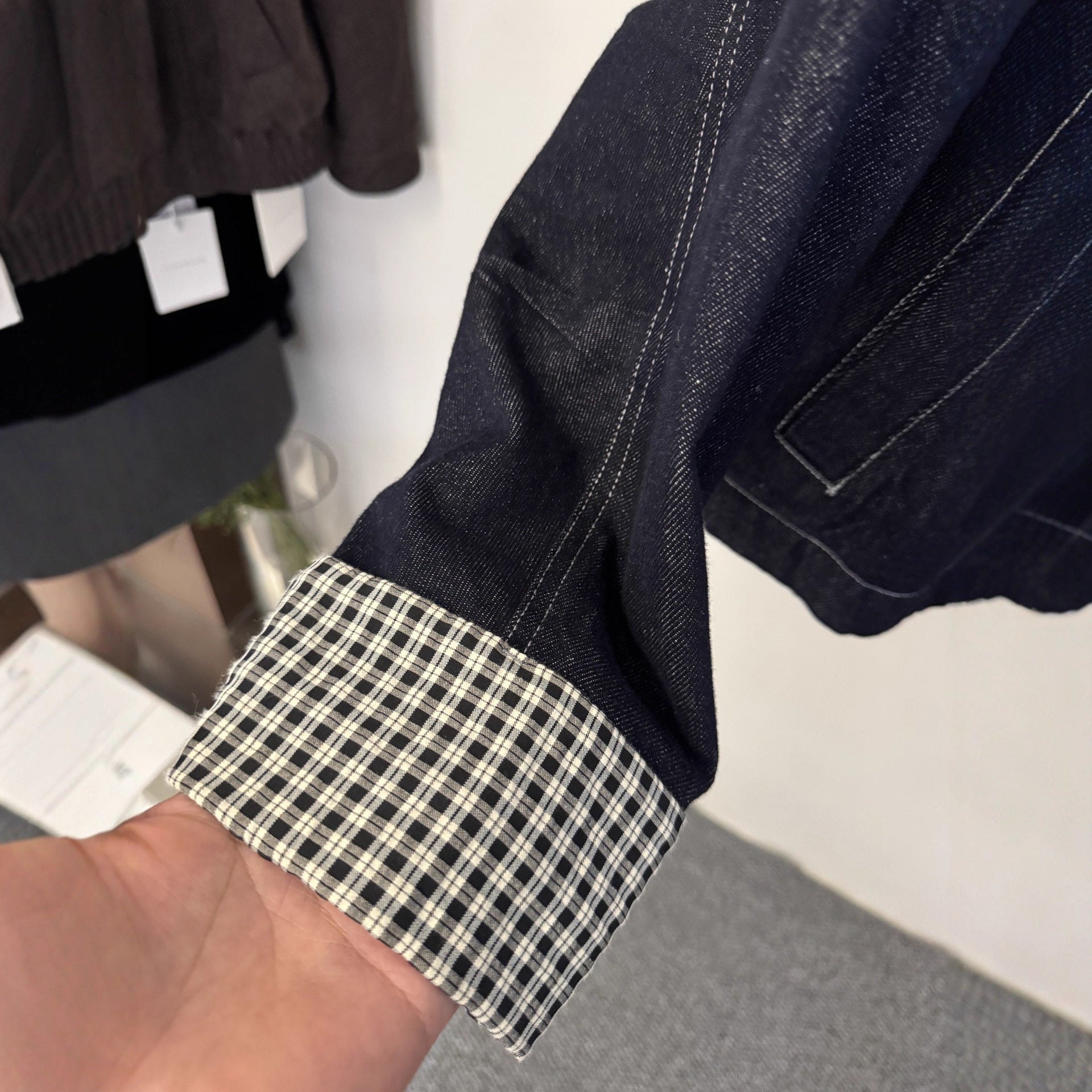 Women's Short Cut Denim Jacket with Contrasting Check Cuffs Chichicherry
