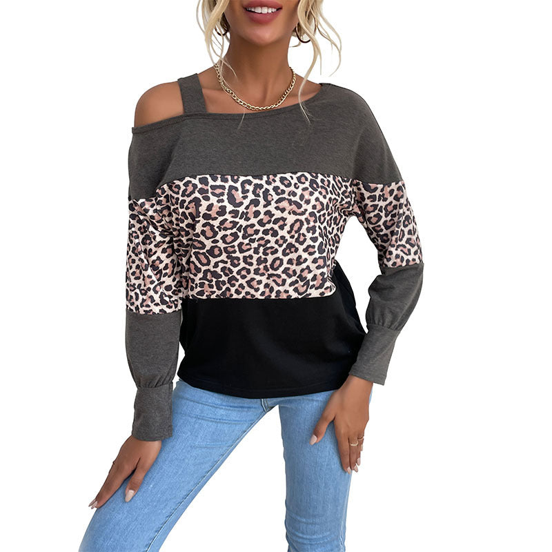 Women's Casual Off-Shoulder Sweater with Leopard Print, Contrast Blocks and Spaghetti Straps Chichicherry