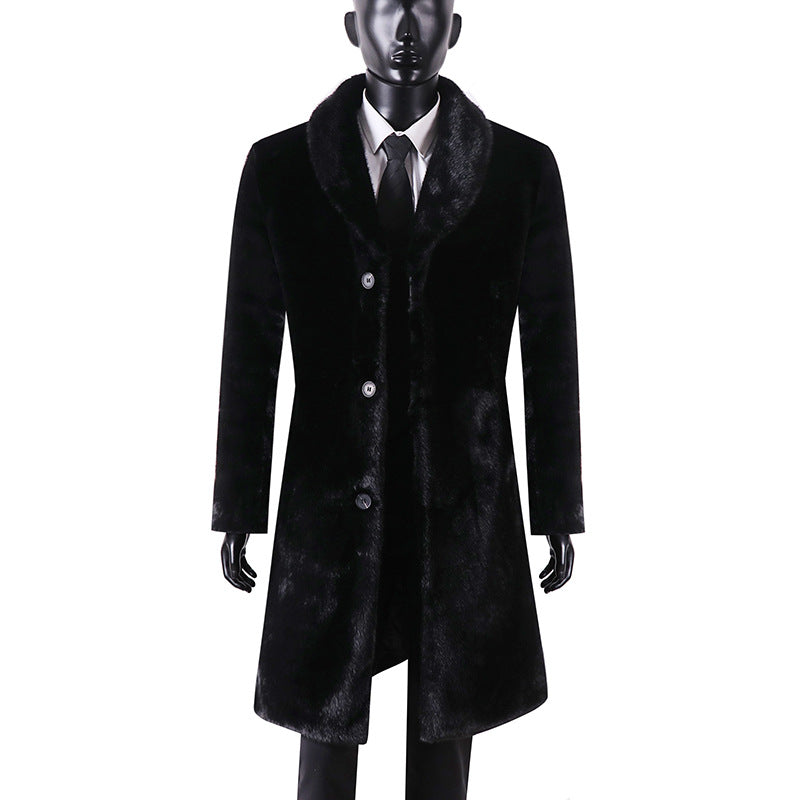 Men's Maxi Length Coat with Faux Fur Trim and Shawl Collar Chichicherry