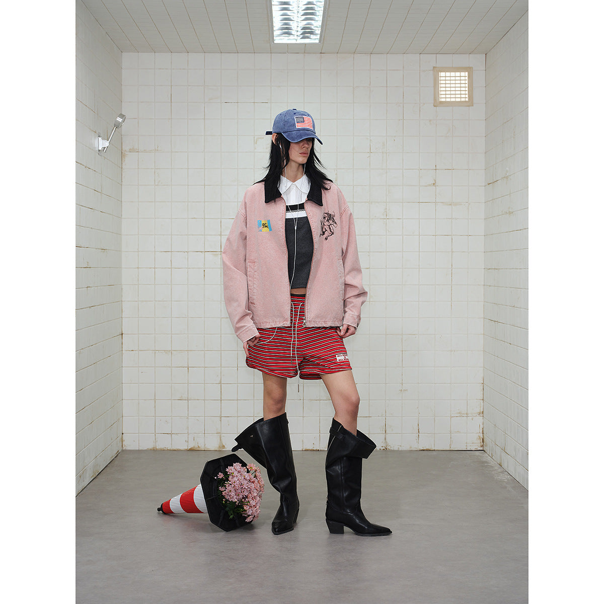Unisex Boxy Blouson Jacket made of washed cotton twill with cord collar and print details Chichicherry