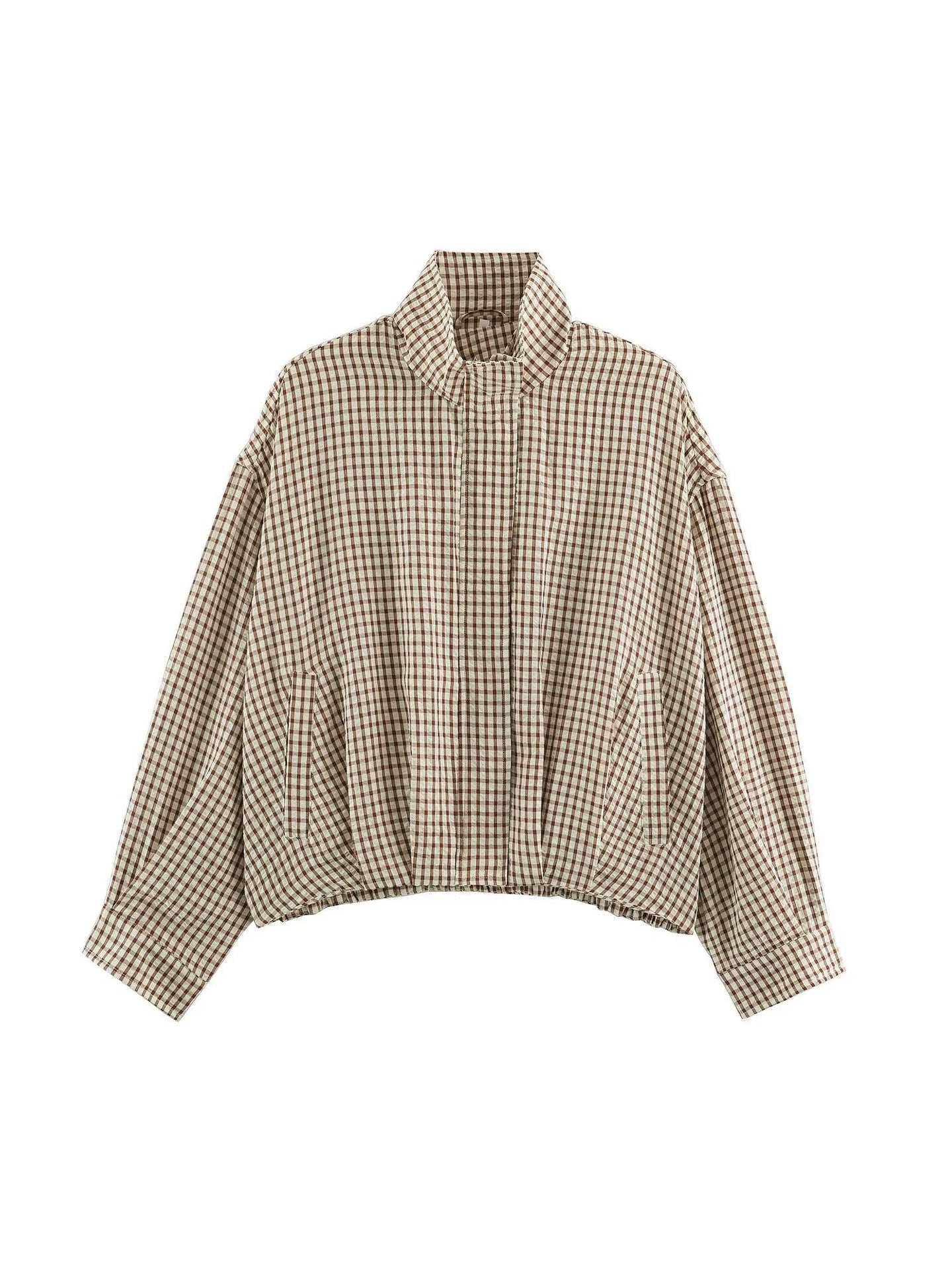Women Oversize Checkered Blouson Jacket with Stand-up Collar Chichicherry