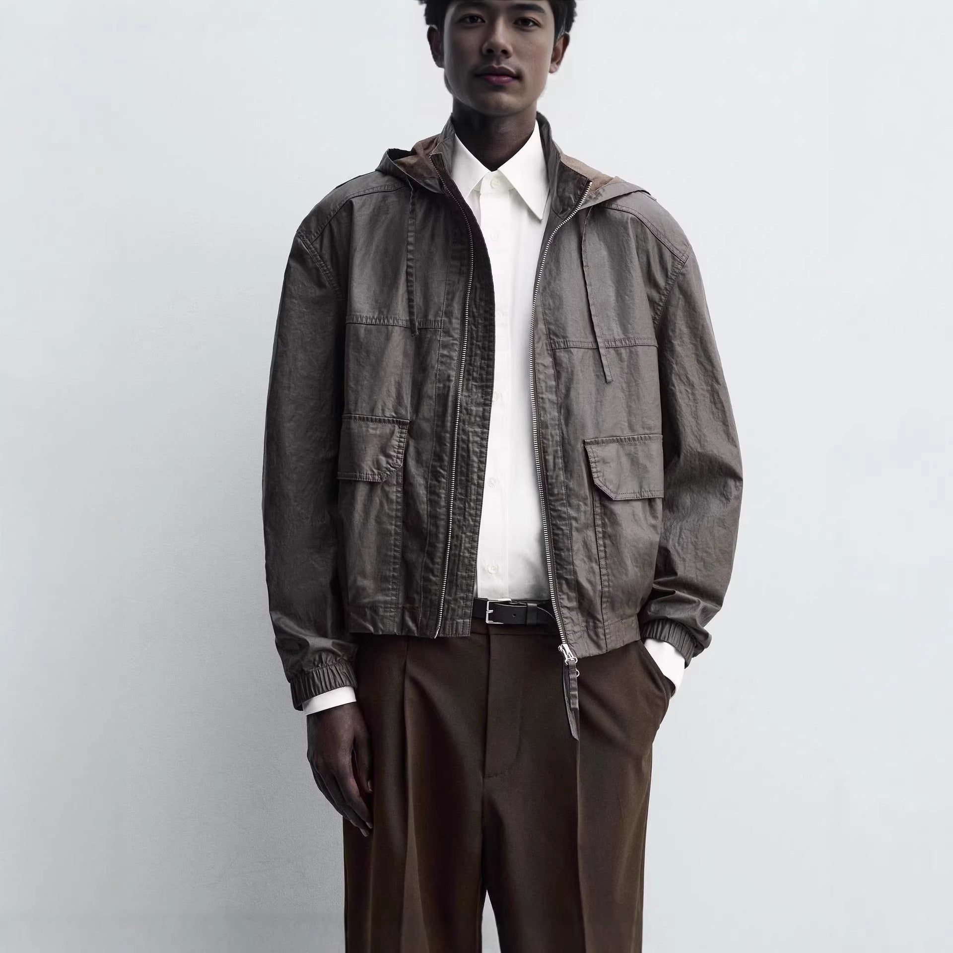 Men's Light Hooded Field Jacket with Drawstring and Flap Pockets Chichicherry