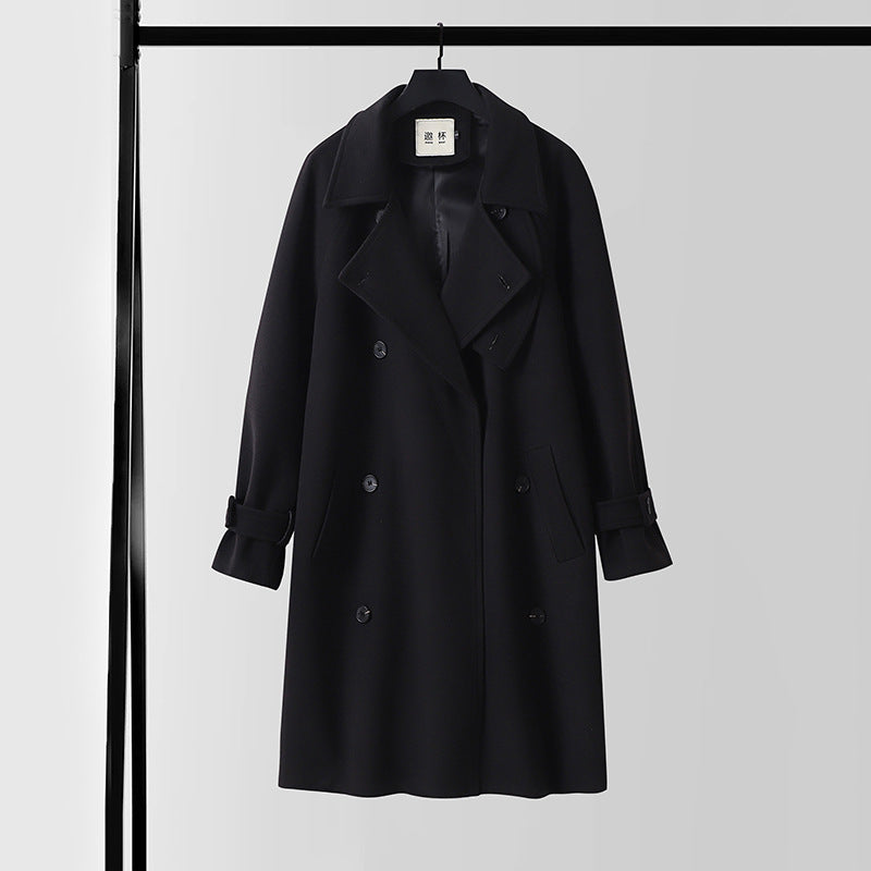 Men's Dramatically Cut Double Breasted Wool Blend Long Coat with Collar Tabs and Tie Belt Chichicherry