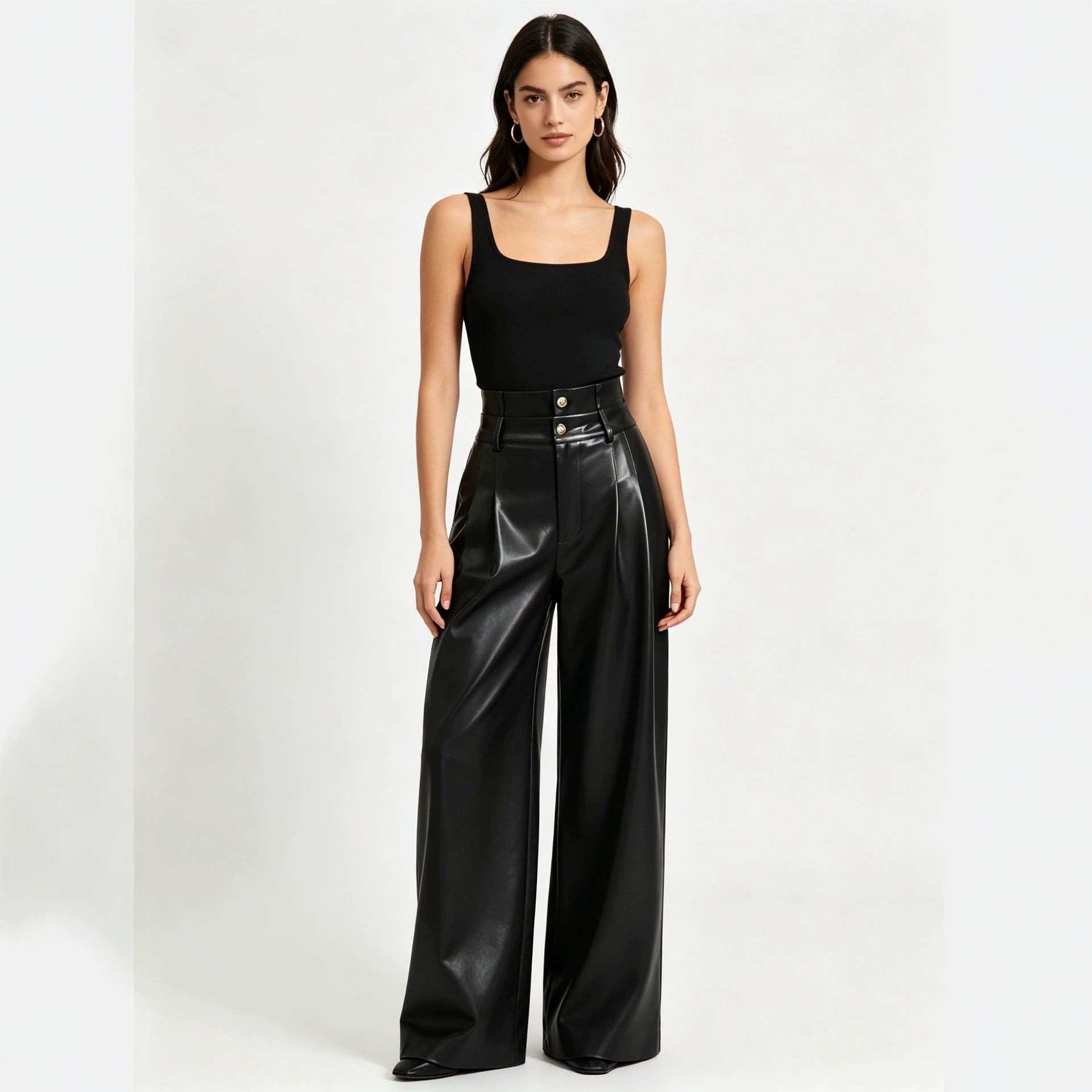 Women High-Waisted Wide-Leg Faux Leather Trousers with Decorative Buttons Chichicherry