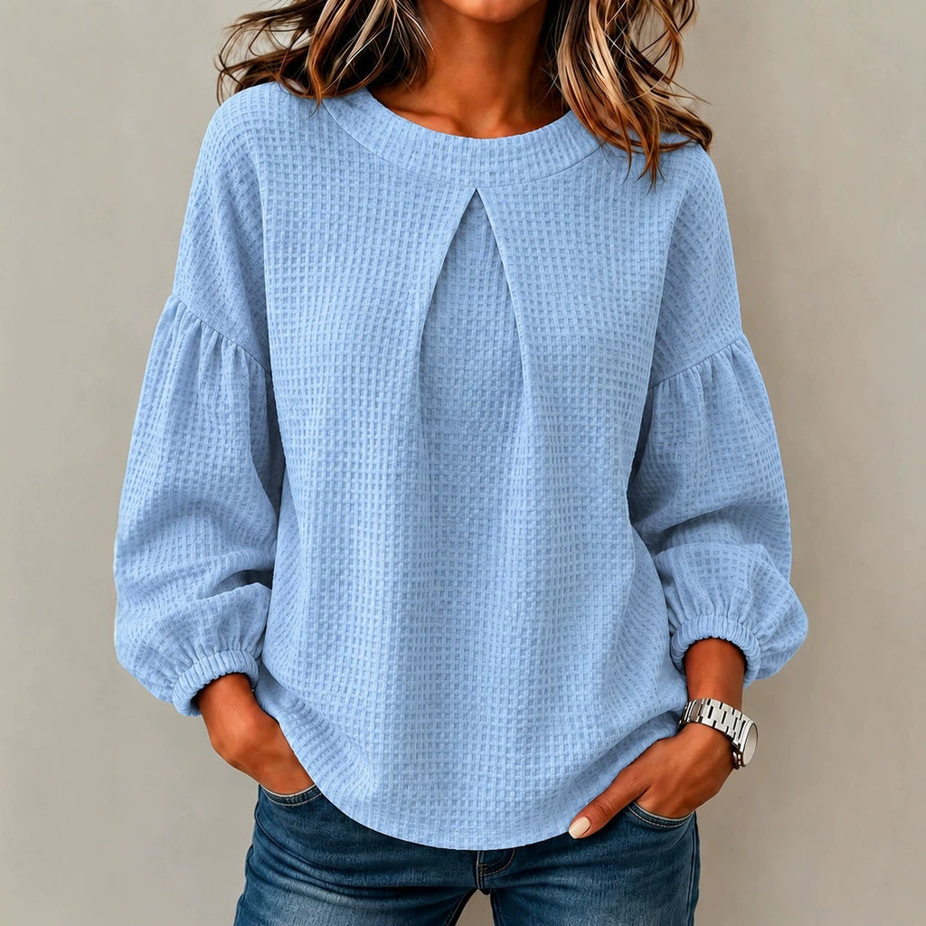 Women's waffle knit long sleeve with balloon sleeves and front seam slit Chichicherry