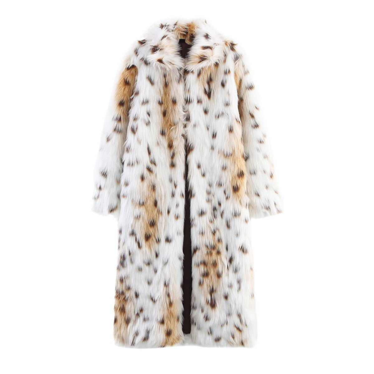 Women's Long Oversized Faux Fur Coat with Spotted Wildcat Print and Stand Collar Chichicherry
