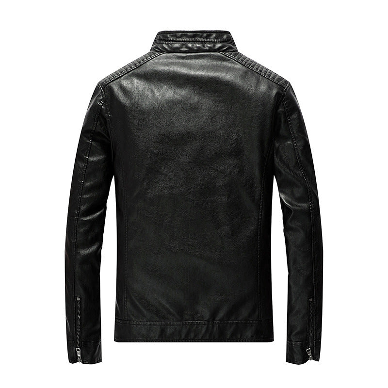 Men's Faux Leather Moto Jacket with Stand Collar, Shoulder Padding, and Zipper Pockets Chichicherry