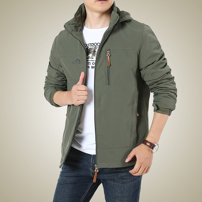 Men's Breathable Softshell Windbreaker Jacket with Concealed Hood and Utility Chest Pocket Chichicherry