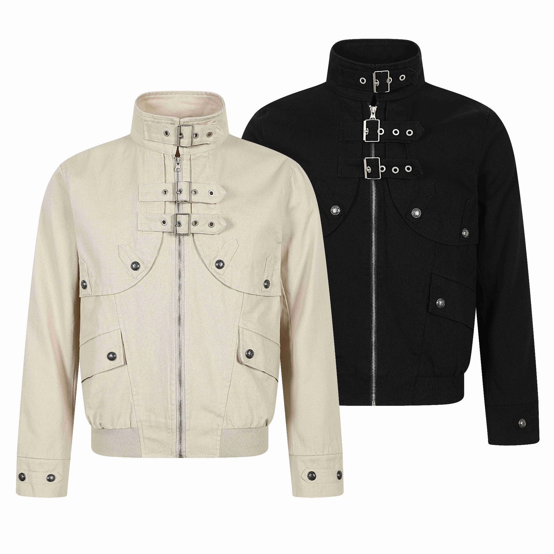 Unisex Short-cut Canvas Field Blouson with Buckle Placket, Utility Pockets and High Standing Collar Chichicherry