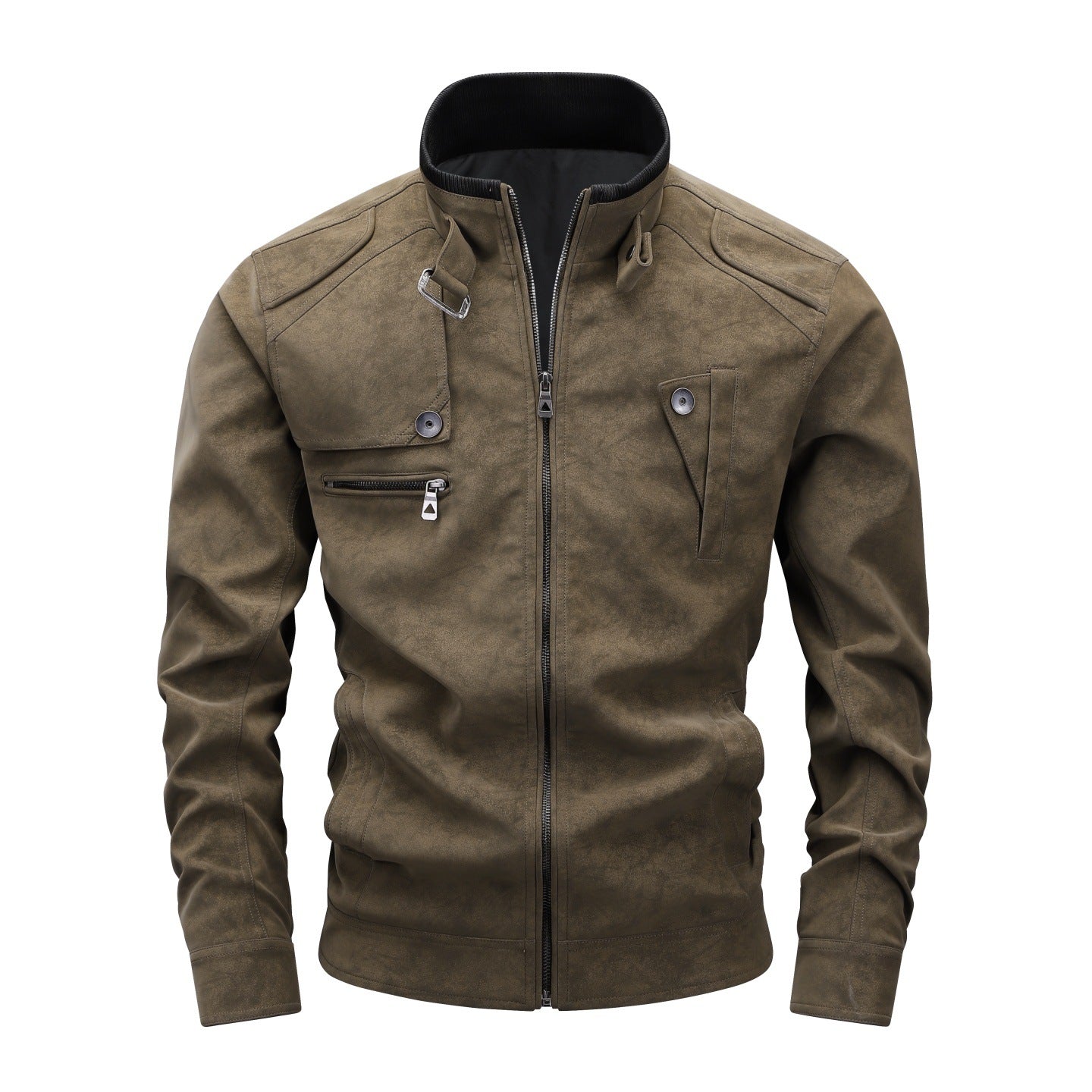 Men's Slim-Fit Biker Bomber Jacket made of Suede Look with Stand-Up Collar and Decorative Buttons Chichicherry