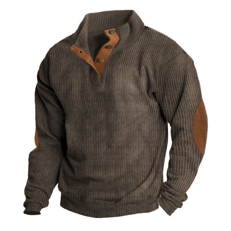 Men's Structured Sweater with Henley Button Placket, Elbow Patches and Two-Tone Block Chichicherry
