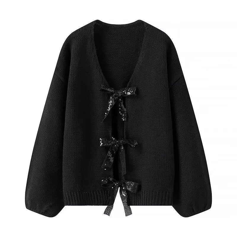 Women Oversized Knitted Cardigan with V-Neck and Sequin Bows Chichicherry